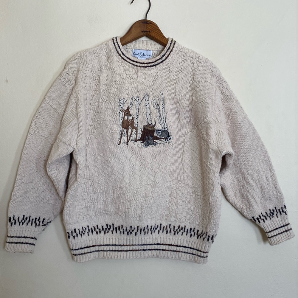 Vintage Croft & Barrow Textured Cable Knit Sweater Embroidered Deer Nature